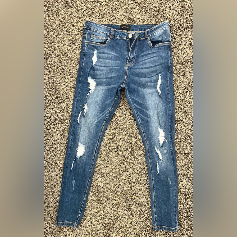 Men’s Distressed Blue Skinny Jeans Size 34 | Stretch Denim